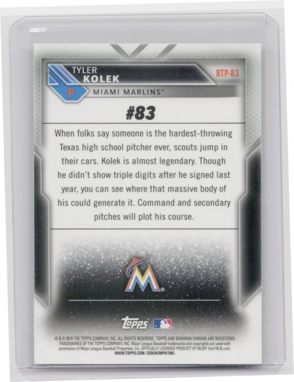 2016 Bowman Tyler Kolek #BTP-83 Marlins Bowman Scouts' Top 100 - Image 3