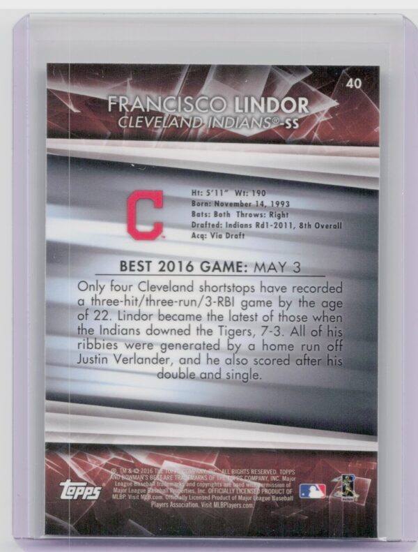 2016 Bowman's Best Francisco Lindor #40 Indians - Image 3
