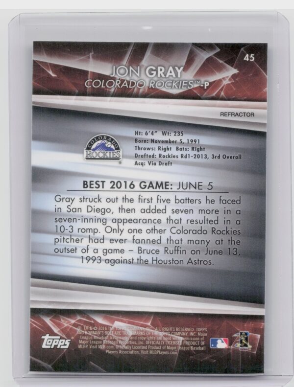 2016 Bowman's Best Jon Gray Refractor #45 Rockies - Image 3