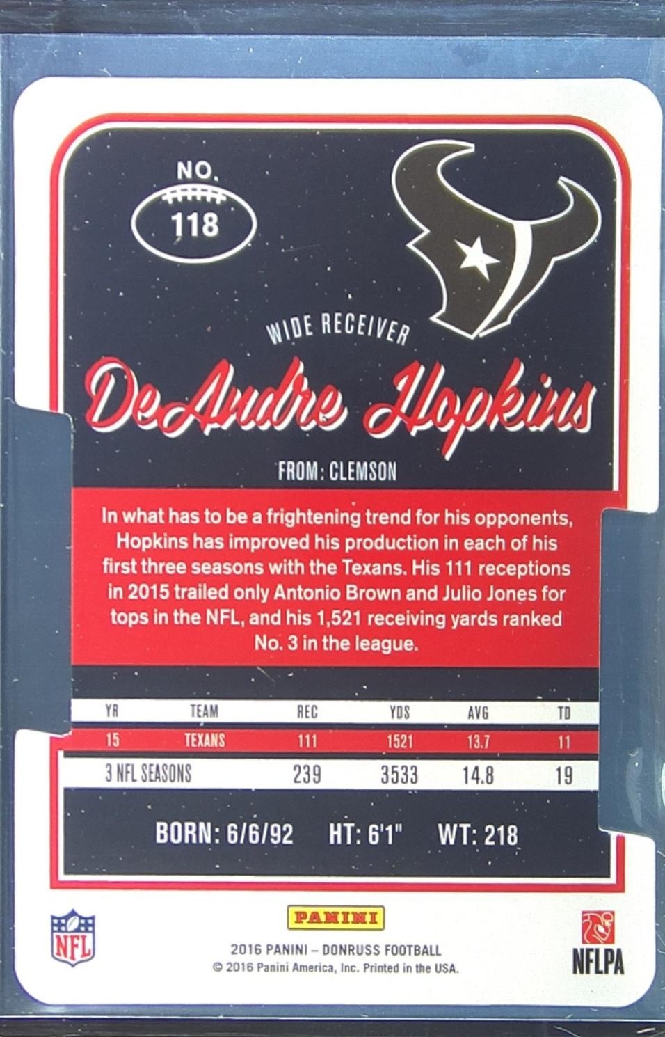 2016 Donruss DeAndre Hopkins Press Proofs Gold Die Cuts /25 #118 Texans - Image 3