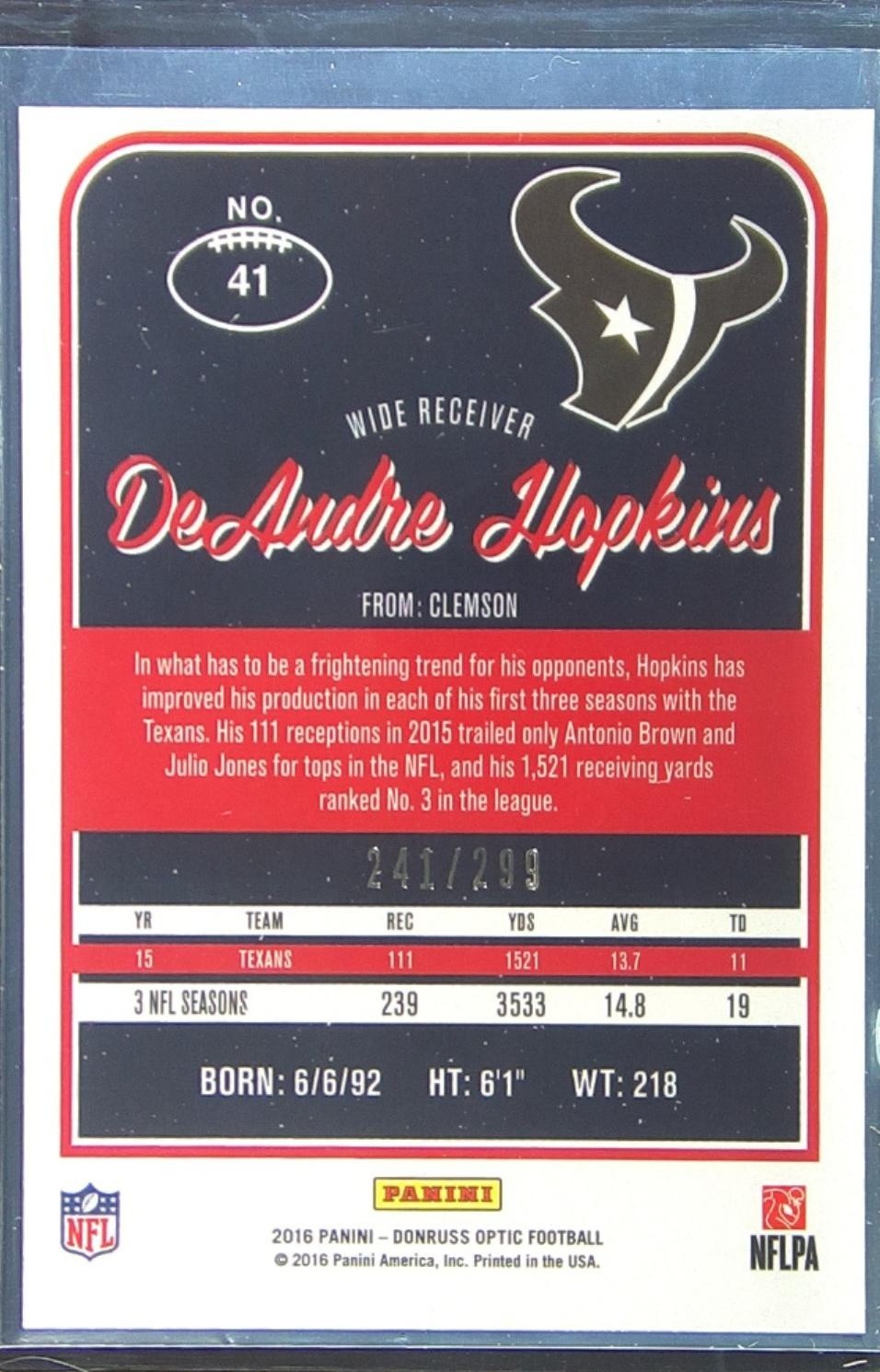 2016 Donruss Optic DeAndre Hopkins Aqua /299 #41 Texans - Image 3