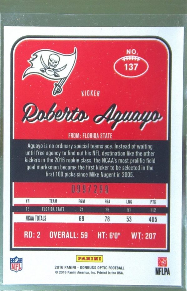2016 Donruss Optic Roberto Aguayo Aqua /299 RC #137 Buccaneers - Image 3