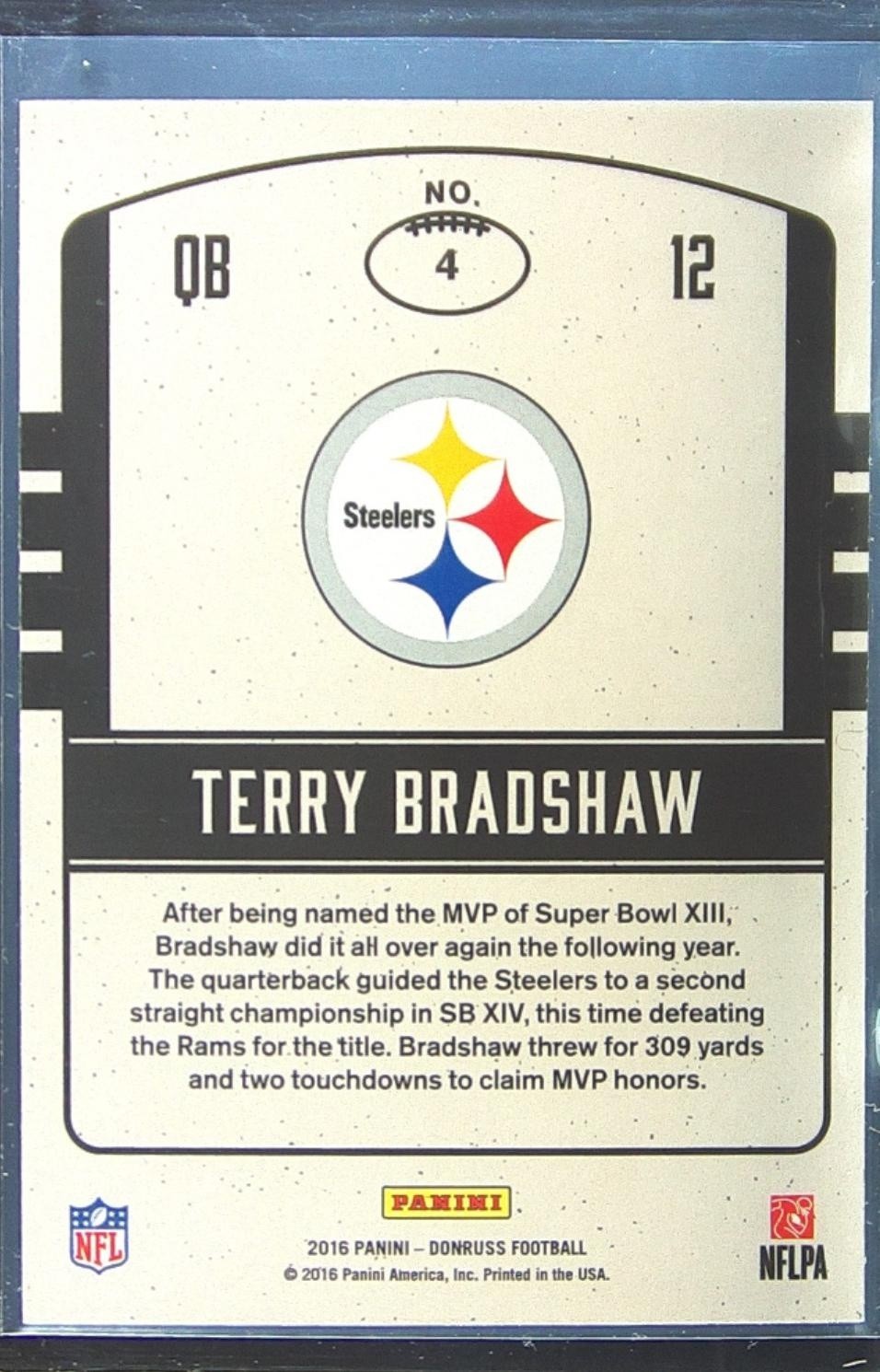 2016 Donruss Terry Bradshaw #4 Steelers Legends of the Fall - Image 3
