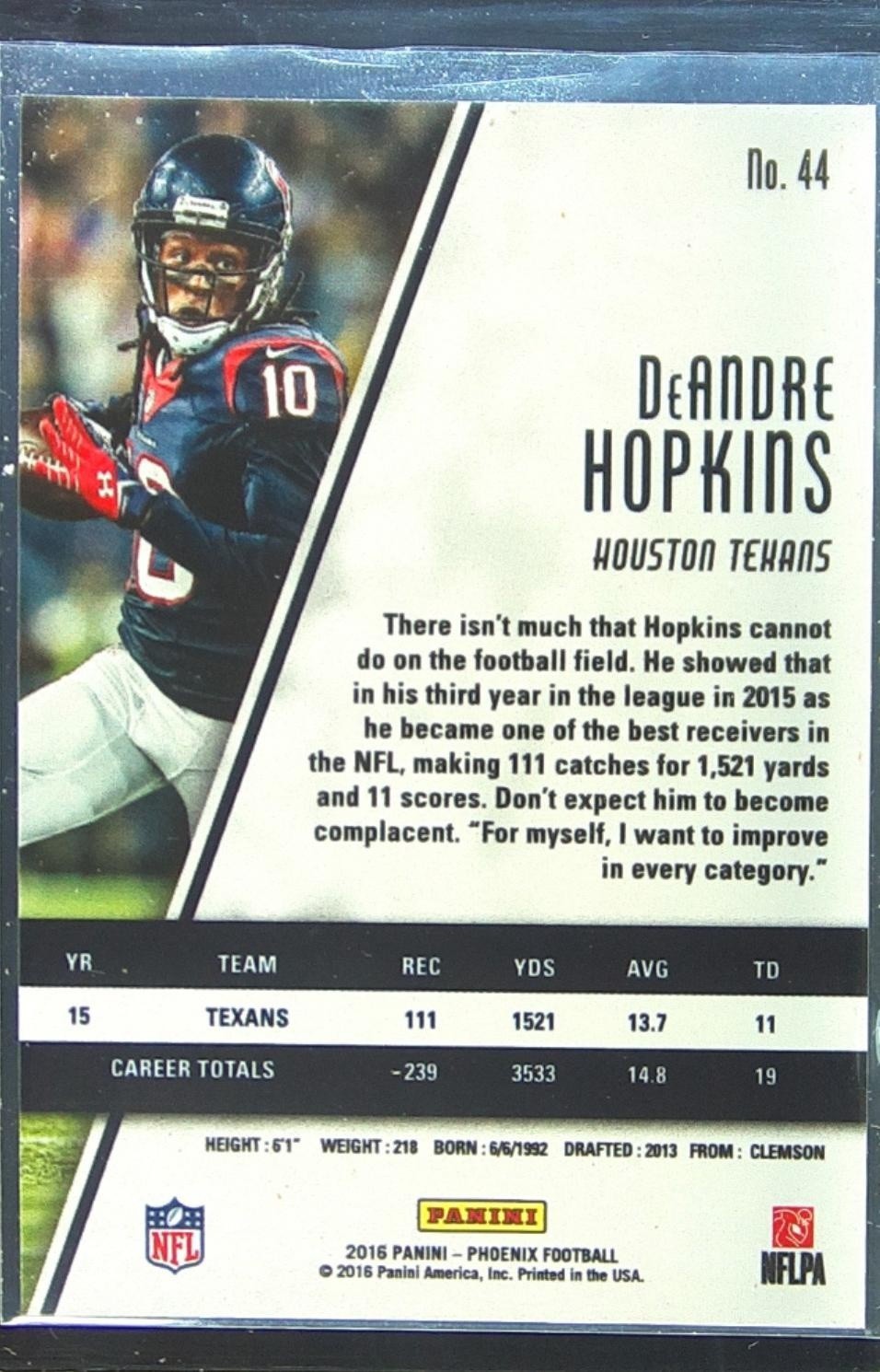 2016 Panini Phoenix DeAndre Hopkins #44 Texans - Image 3