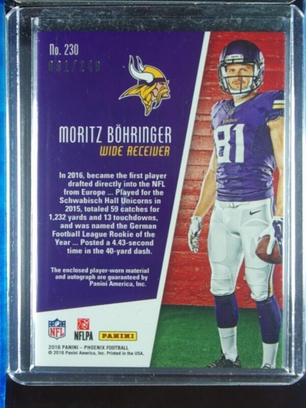 2016 Panini Phoenix Moritz Bohringer AU SN249 RC MEM #230 Vikings - Image 3