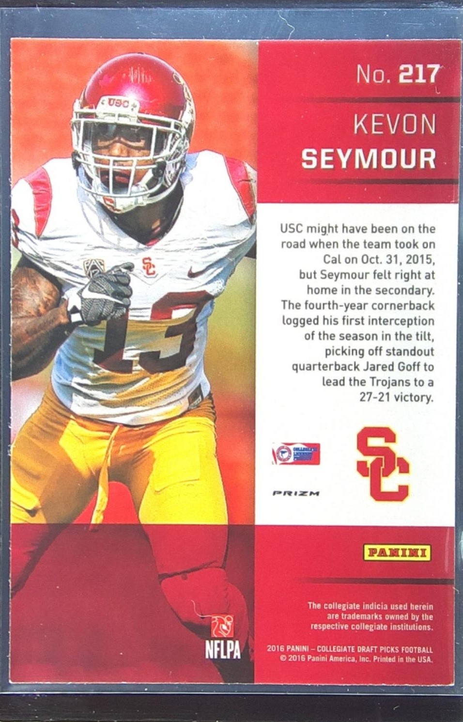 2016 Prizm Collegiate Draft Picks Kevon Seymour Prizms RC #217 Trojans - Image 3