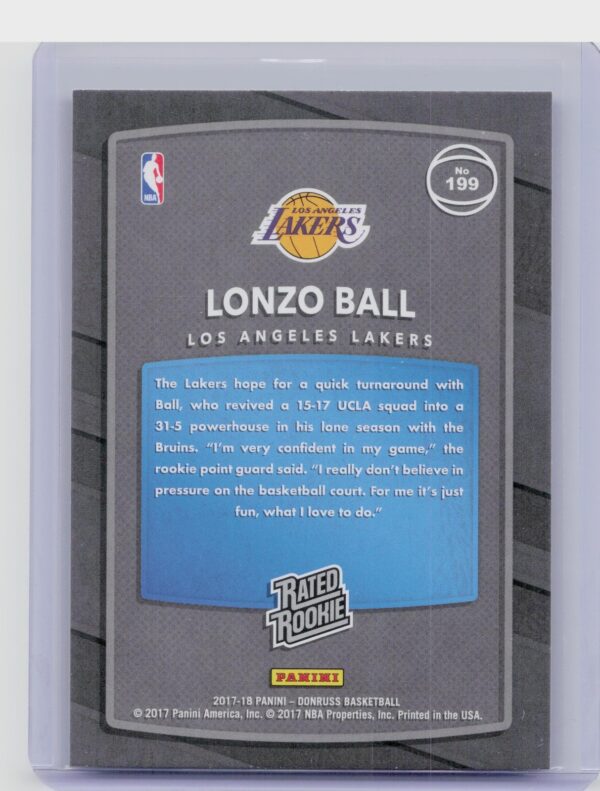 2017-18 Donruss Lonzo Ball RC #199 Lakers - Image 3