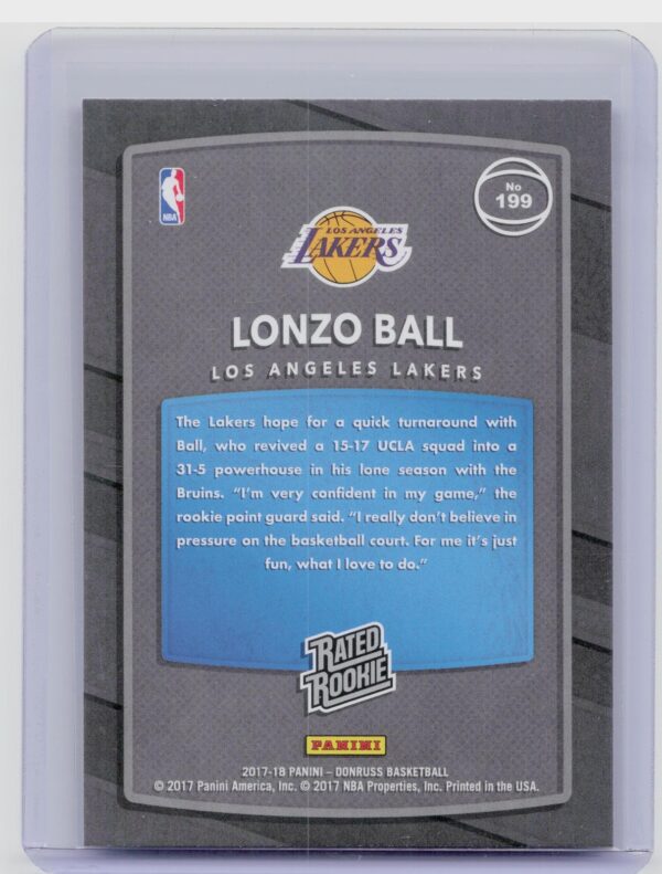 2017-18 Donruss Lonzo Ball RC #199 Lakers - Image 3