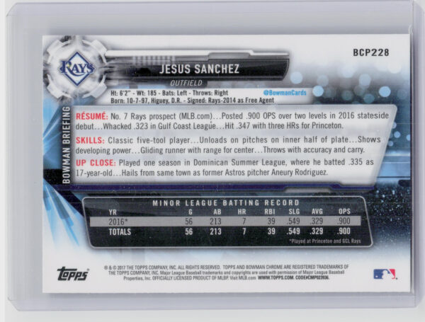 2017 Bowman Chrome Jesus Sanchez #BCP228 Rays Prospects - Image 3