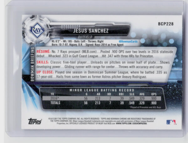 2017 Bowman Chrome Jesus Sanchez #BCP228 Rays Prospects - Image 3
