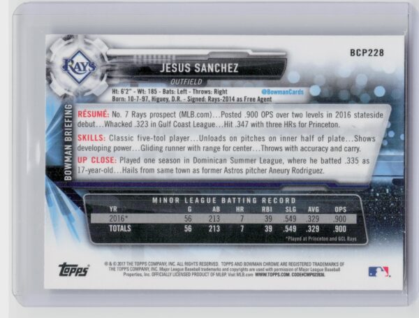 2017 Bowman Chrome Jesus Sanchez #BCP228 Rays Prospects - Image 3