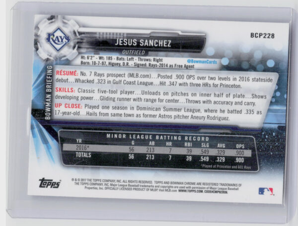 2017 Bowman Chrome Jesus Sanchez #BCP228 Rays Prospects - Image 3