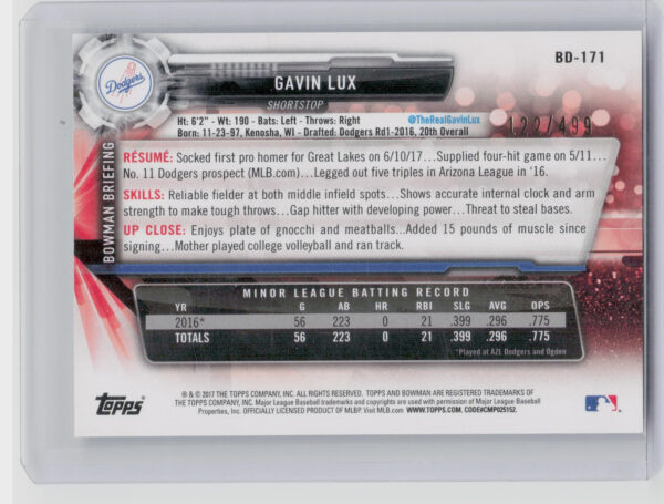 2017 Bowman Draft Gavin Lux Silver SN499 #BD-171 Dodgers - Image 3