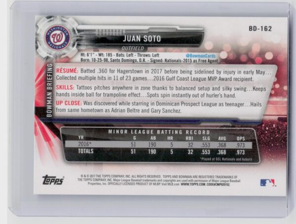2017 Bowman Draft Juan Soto #BD-162 Nationals - Image 3