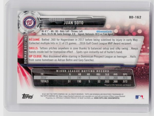 2017 Bowman Draft Juan Soto #BD-162 Nationals - Image 3