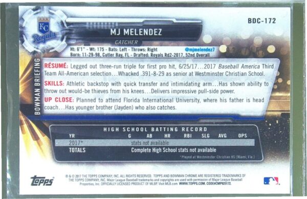 2017 Bowman Draft MJ Melendez Chrome Blue Refractor /150 #BDC-172 Royals - Image 3