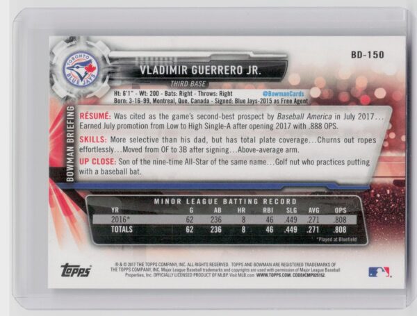 2017 Bowman Draft Vladimir Guerrero Jr. #BD-150 Jays - Image 3