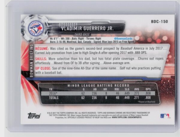 2017 Bowman Draft Vladimir Guerrero Jr. Chrome #BDC-150 Jays - Image 3