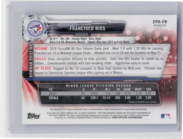 2017 Bowman Francisco Rios AU SN499 #CPA-FR Jays Chrome Prospect Autographs Refr - Image 3