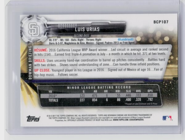 2017 Bowman Luis Urias #BCP107 Padres Chrome Prospects Mojo - Image 3