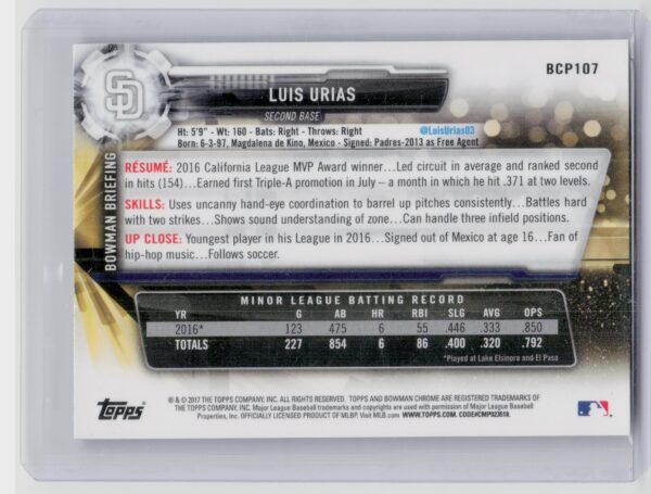 2017 Bowman Luis Urias #BCP107 Padres Chrome Prospects Mojo - Image 3