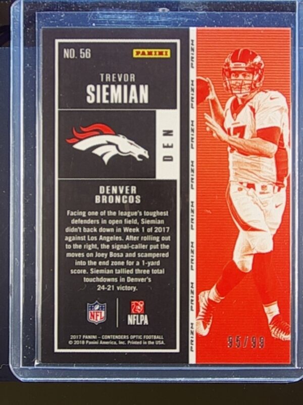 2017 Contenders Optic Trevor Siemian Blue /99 #56 Broncos - Image 3