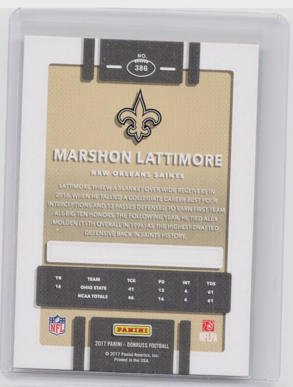 2017 Donruss Marshon Lattimore Press Proof Bronze #386 Saints - Image 3