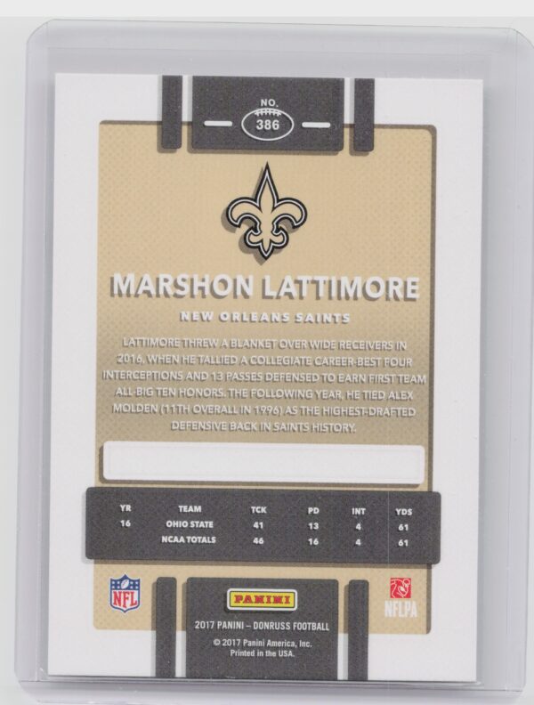2017 Donruss Marshon Lattimore RC #386 Saints - Image 3