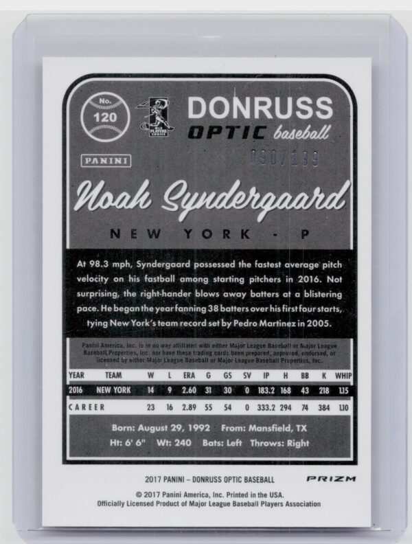 2017 Donruss Optic Noah Syndergaard Orange SN199 #120 Mets - Image 3