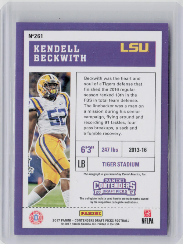 2017 Panini Contenders Draft Picks Kendell Beckwith AU #261 Tigers - Image 3