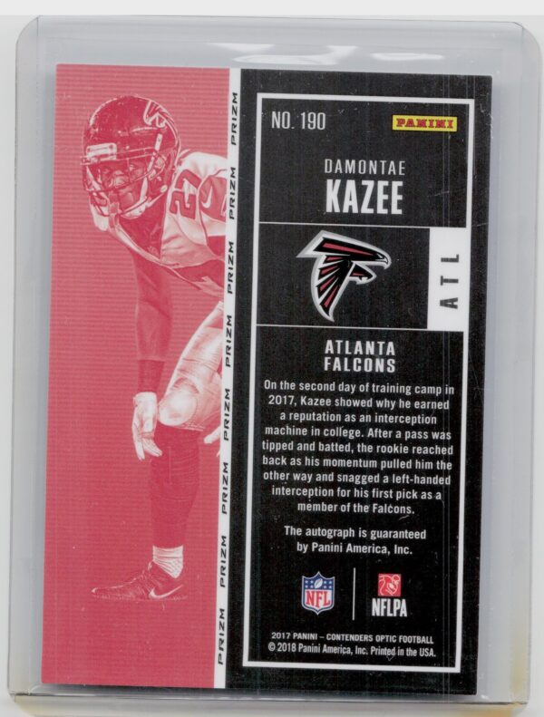 2017 Panini Contenders Optic Damontae Kazee AU RC #190 Falcons - Image 3