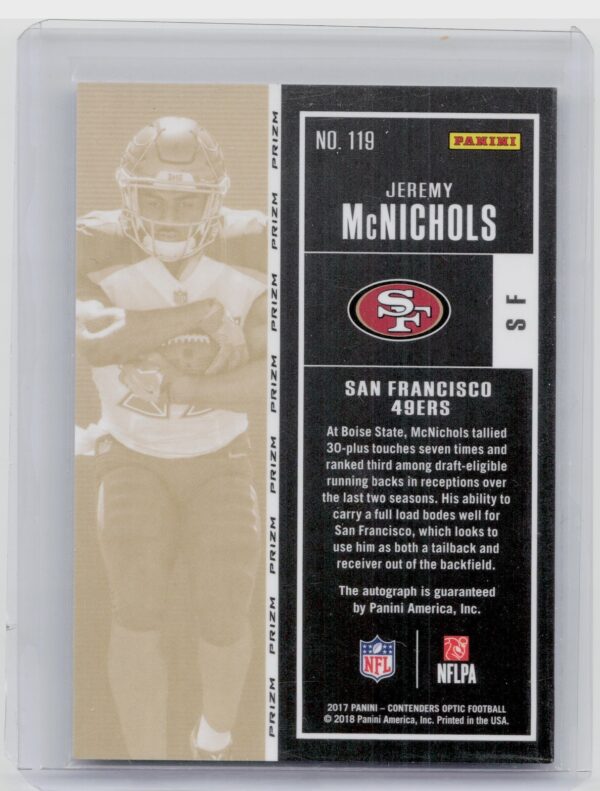 2017 Panini Contenders Optic Jeremy McNichols AU RC #119 49ers - Image 3