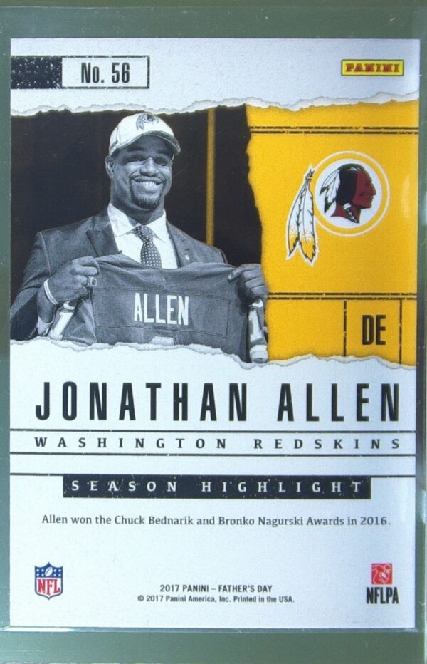 2017 Panini Father's Day Jonathan Allen /499 RC #56 Redskins - Image 3