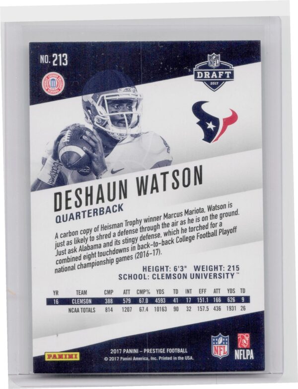 2017 Panini Prestige Deshaun Watson RC #213 Texans - Image 3