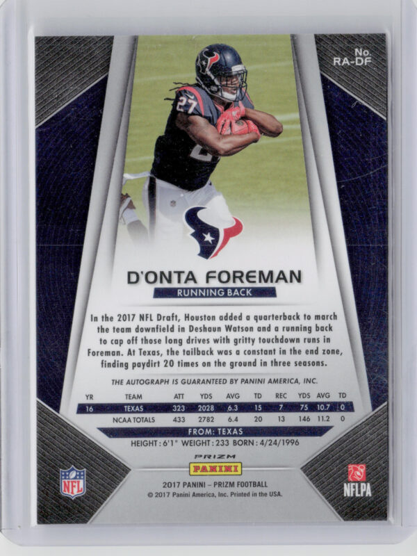 2017 Panini Prizm D'Onta Foreman AU #RA-DF Texans Rookie Autographs Prizm Pink - Image 3