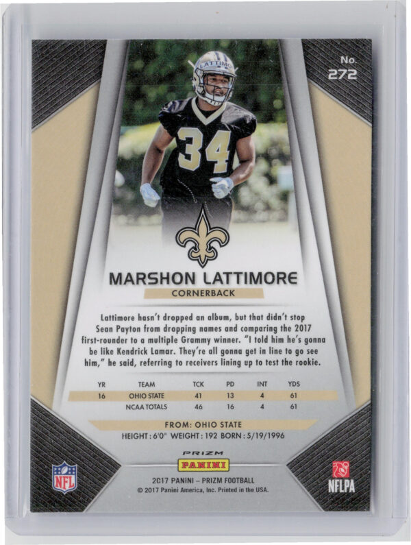 2017 Panini Prizm Marshon Lattimore Prizm #272 Saints - Image 3