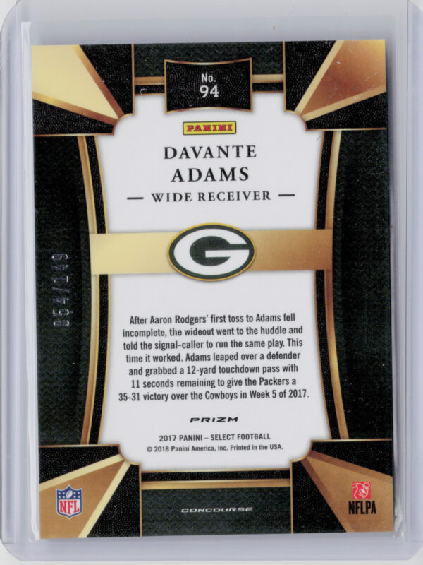 2017 Panini Select Davante Adams Blue SN149 #94 Packers - Image 3