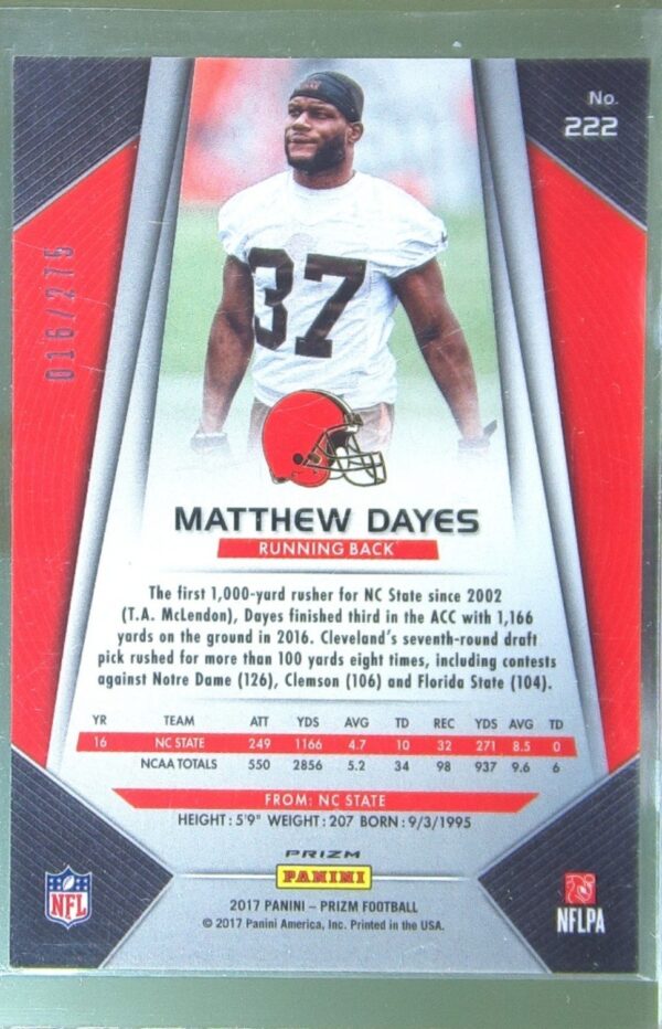 2017 Prizm Matthew Dayes Prizm Orange /275 RC #222 Browns - Image 3