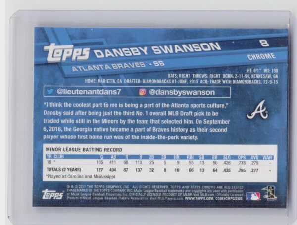 2017 Topps Chrome Dansby Swanson Prism Refractor #8 Braves - Image 3