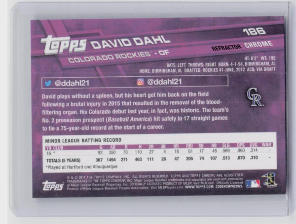 2017 Topps Chrome David Dahl X Fractor #186 Rockies - Image 3