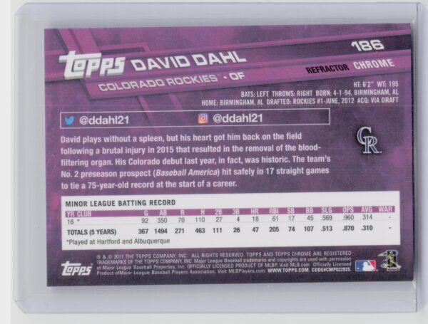 2017 Topps Chrome David Dahl X Fractor #186 Rockies - Image 3