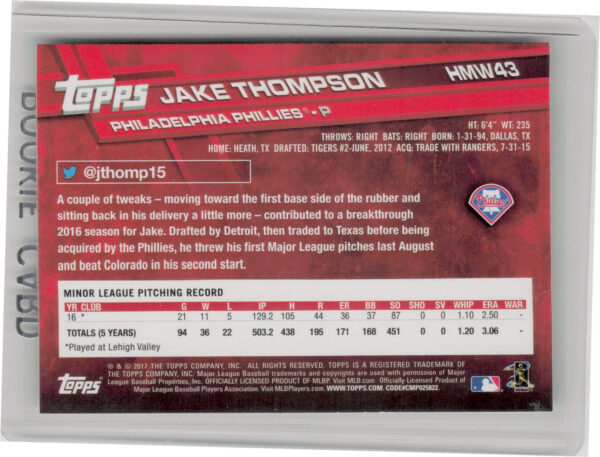 2017 Topps Holiday Jake Thompson RC #HMW43 Phillies - Image 3