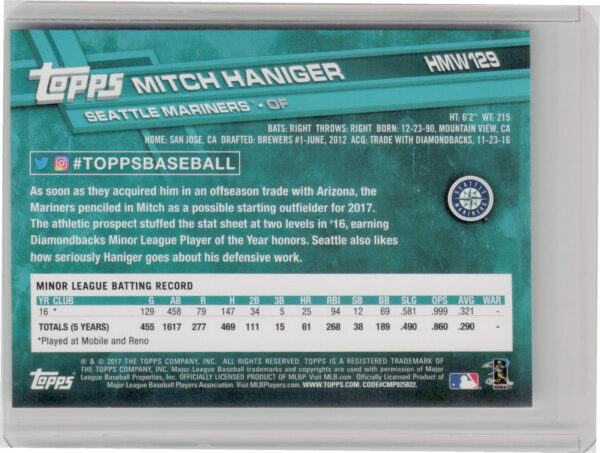 2017 Topps Holiday Mitch Haniger RC #HMW129 Mariners - Image 3