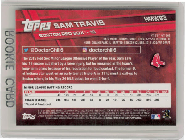 2017 Topps Holiday Sam Travis RC #HMW83 Sox - Image 3