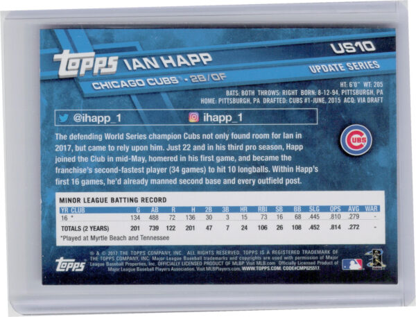 2017 Topps Update Ian Happ RC #US10 Cubs - Image 3
