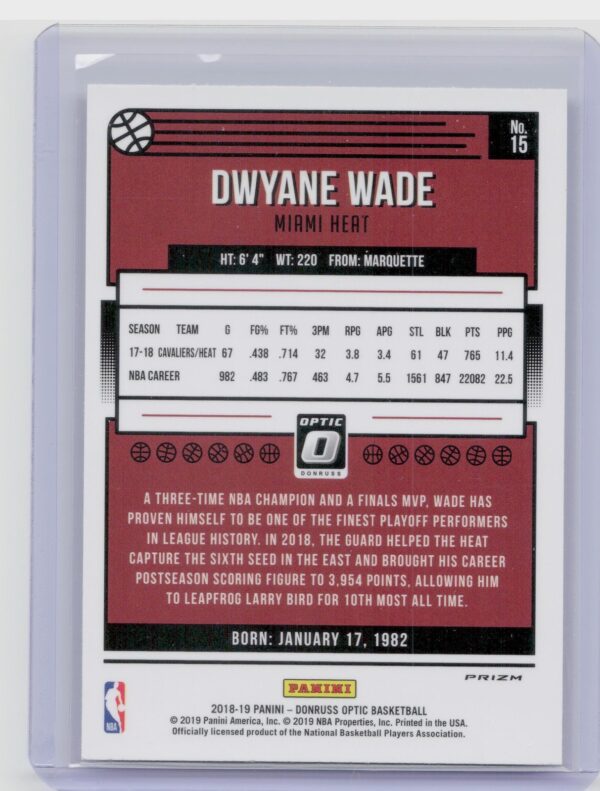 2018-19 Donruss Optic Dwyane Wade Holo #15 Heat - Image 3