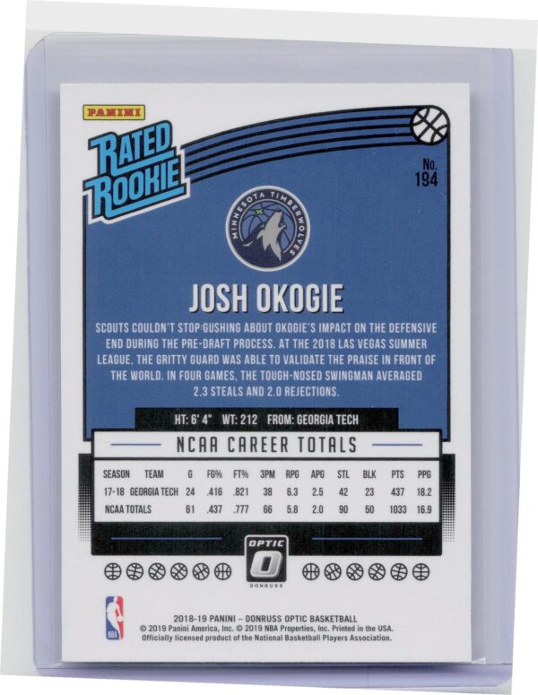 2018-19 Donruss Optic Josh Okogie RC #194 Timberwolves - Image 3