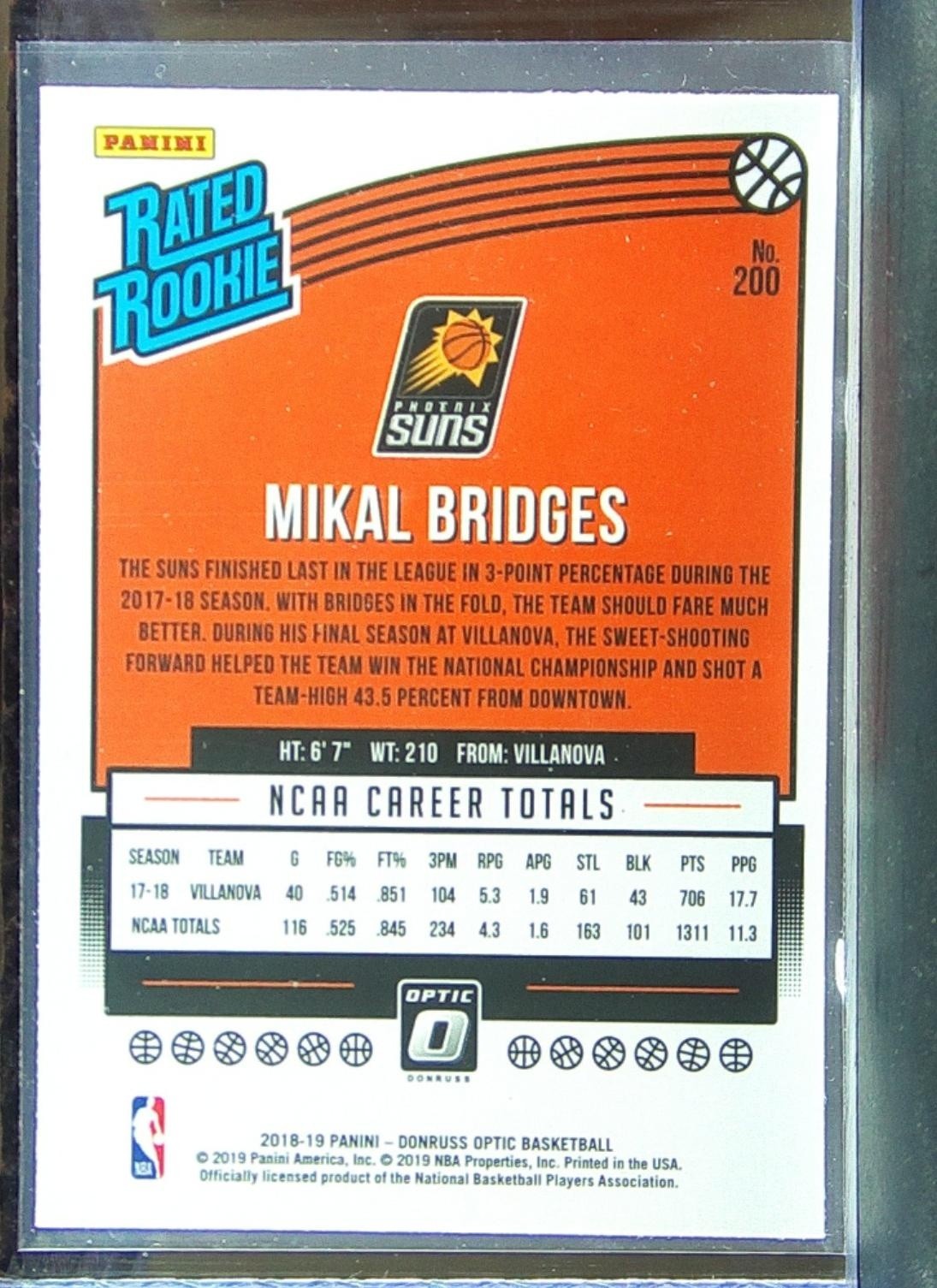2018-19 Donruss Optic Mikal Bridges RC #200 Suns - Image 3