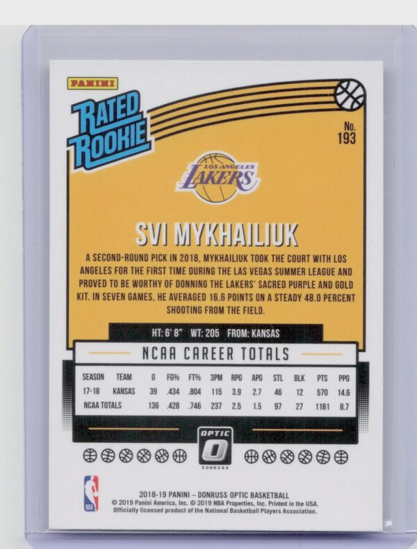 2018-19 Donruss Optic Svi Mykhailiuk RC #193 Lakers - Image 3