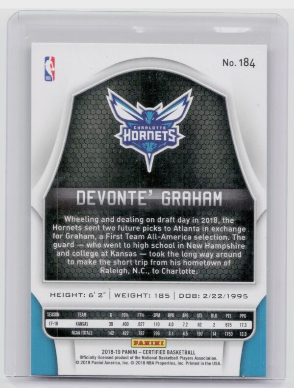 2018-19 Panini Certified Devonte' Graham RC #184 Hornets - Image 3